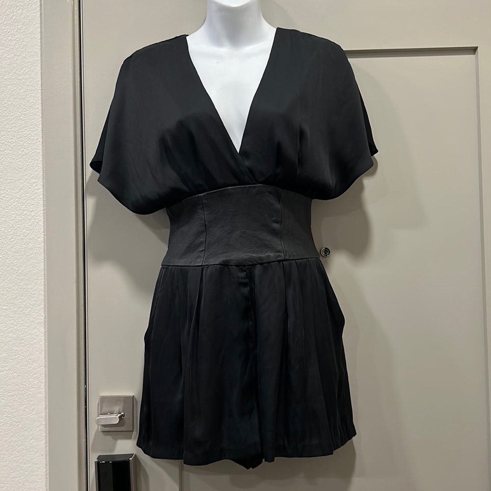 BEBE Sexy Black Leather & Satin Obie Corset Waist V-neck Romper